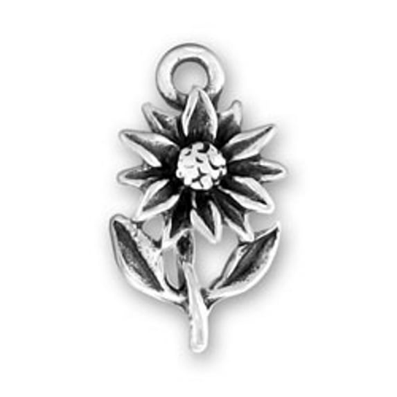 Sterling Silver 8" 4.5mm Charm Bracelet With Attached 3D Sunflower Plant Charm With Leaves