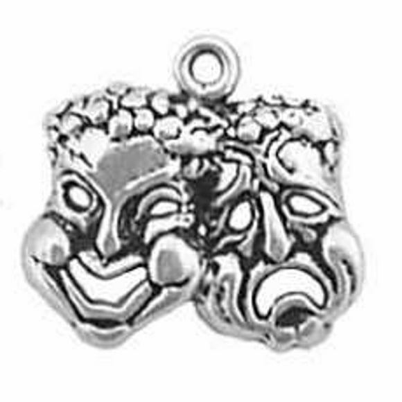 Sterling Silver 8" 4.5mm Charm Bracelet With Attached Comedy Tragedy Drama Faces Mask Charm