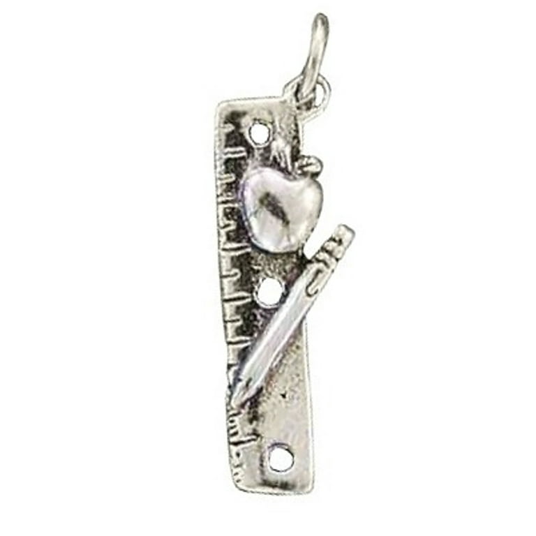 Sterling Silver 8 4.5mm Charm Bracelet With Attached Ruler Pencil Apple School Teacher Charm