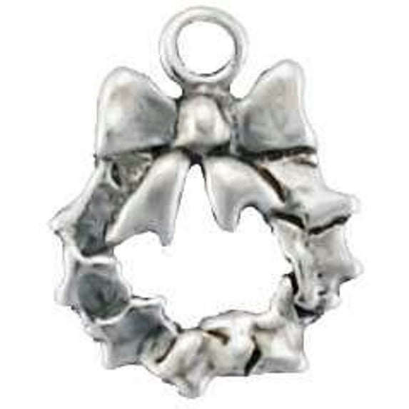 Sterling Silver 8" 4.5mm Charm Bracelet With Attached Two Sided Christmas Wreath Charm With Ribbon B