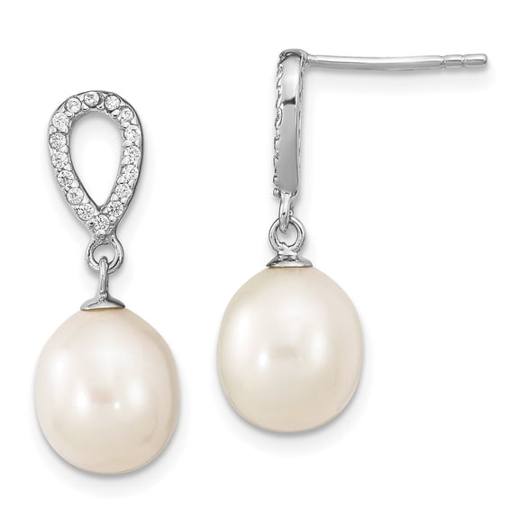 Sterling Silver 8-9mm Rice Freshwater Cultured Pearl CZ Post Dangle Earrings Sterling Silver Earrings