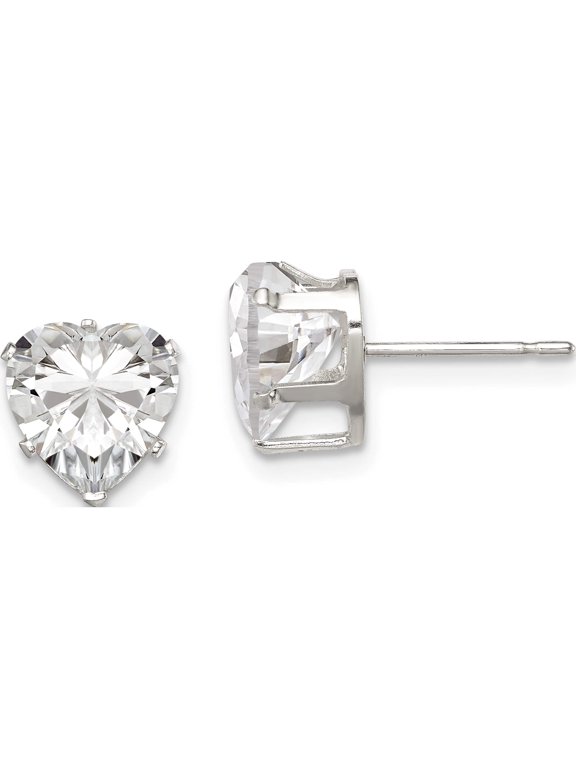Sterling Silver Polished 8mm Heart Snap Set CZ Stud Earrings
