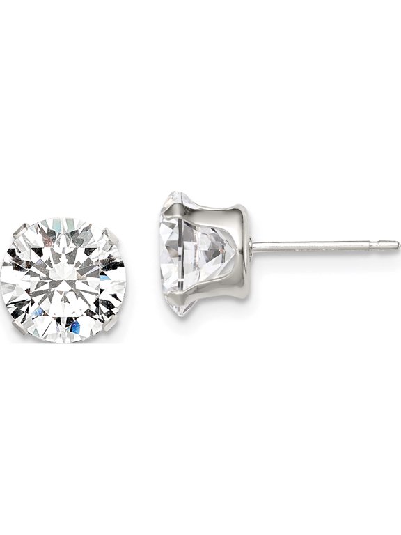 Sterling Silver 8mm Round Snap Set CZ Stud Earrings