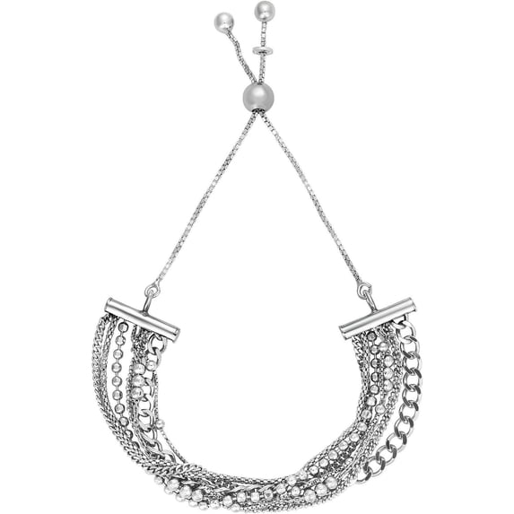 Sterling Silver 9.25" Multi-Strand Mixed Chain Friendship Bracelet with Adjustable Drawstring Clasp. This item is Rhodium Plated.