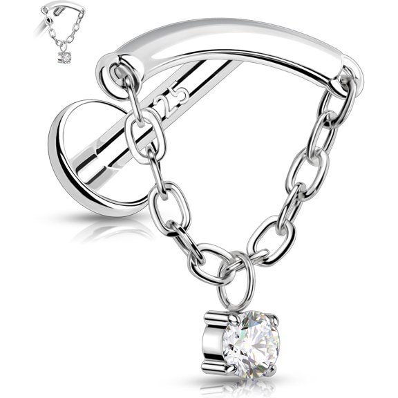 Sterling Silver 925 16G Cartilage Earring Internally Threaded Helix Earring Chain 16G Dangle 6/8 mm Tragus Piercing Jewelry Clear CZ Flat Back Earring[r437]