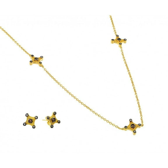 Sterling Silver 925 2 Toned Clear & Champagne Cross Earring Necklace Set 18" Jewelry Female Unisex