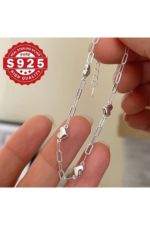 Sterling Silver 925 3D Heart Link Chain Bracelet for Women, Figaro Clasp, Simple & Delicate Jewelry,Silvery
