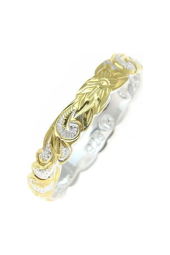 Sterling Silver 925 4mm 2tone yellow gold plated Hawaiian scroll hand engraved cut out ring band size 1 to 11
