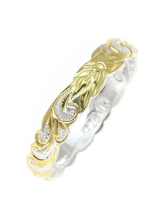 Sterling Silver 925 4mm 2tone yellow gold plated Hawaiian scroll hand engraved cut out ring band size 10