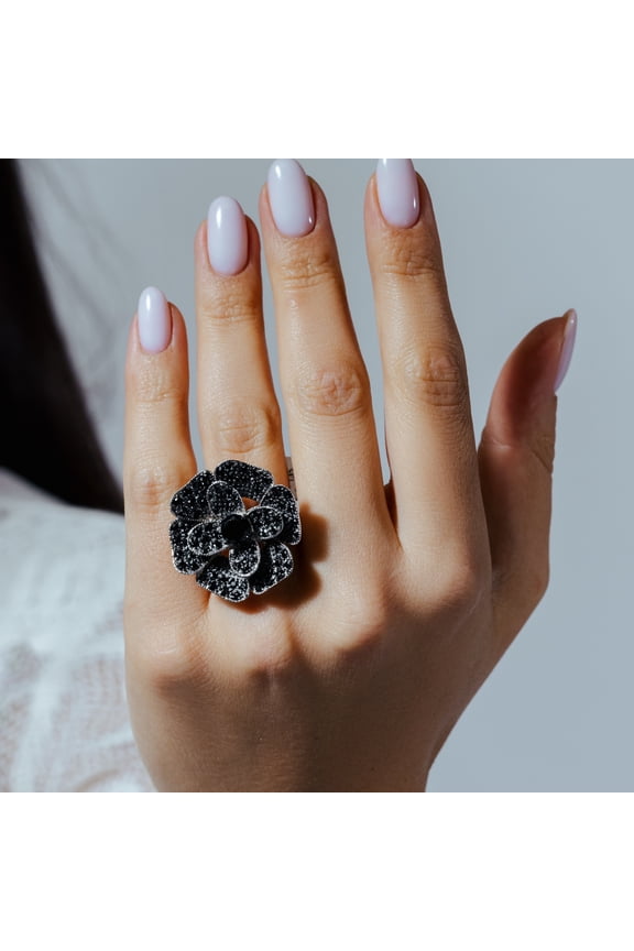 Sterling Silver 925 Black Rhodium Plated Black Pave Flower Ring Cubic Zirconia Jewelry Female Size 9