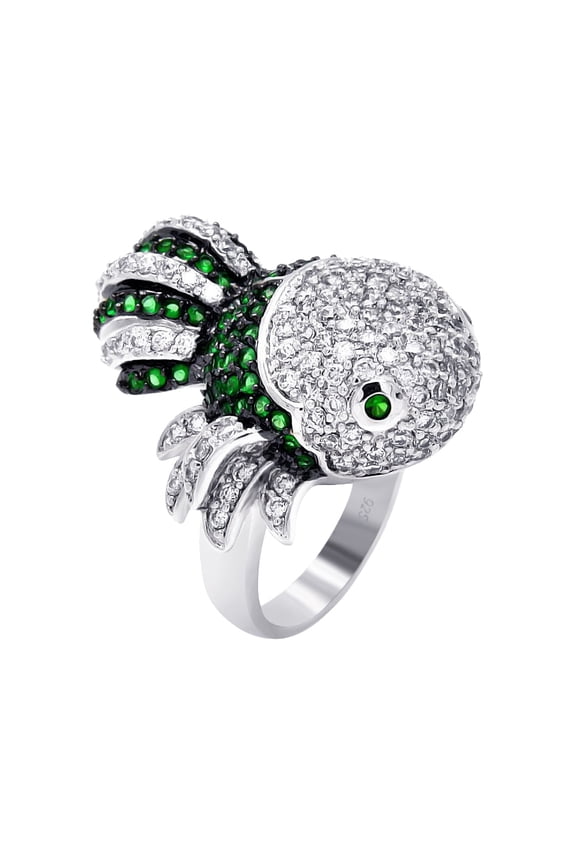 Sterling Silver 925 Black Rhodium Plated Ocean Guppy Fish Ring Green CZ Jewelry Female Size 7
