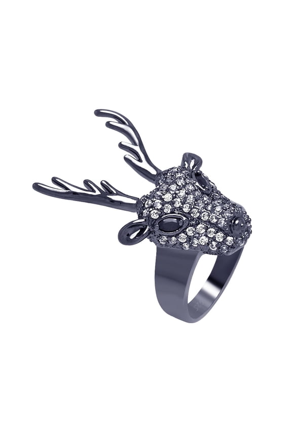 Sterling Silver 925 Black Rhodium Plated Reindeer Head Buck Ring White CZ Jewelry Female Size 8