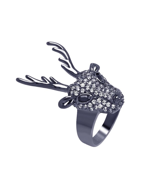 Sterling Silver 925 Black Rhodium Plated Reindeer Head Buck Ring White CZ Jewelry Female Size 8