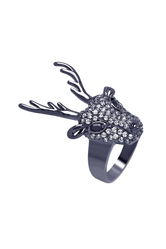 Sterling Silver 925 Black Rhodium Plated Reindeer Head Buck Ring White CZ Jewelry Female Size 9