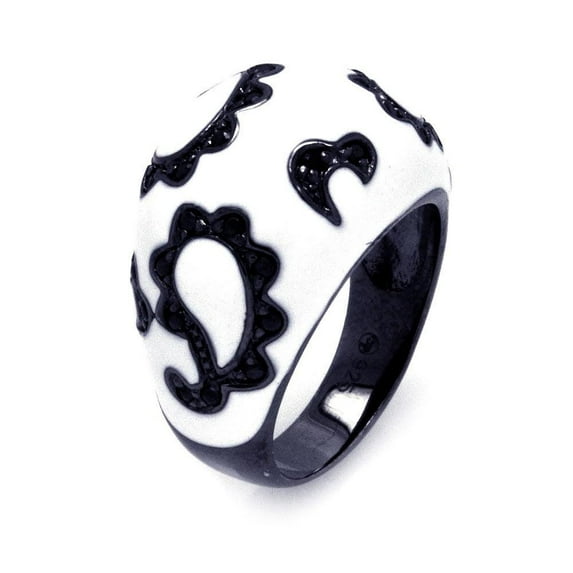 Sterling Silver 925 Black Rhodium Plated White Enamel Paisley Ring CZ Jewelry Female Size 6