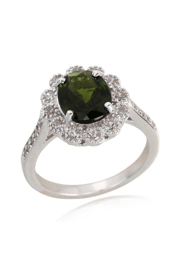 Sterling Silver 925 Chrome Diopside, White Natural Zircon Ring