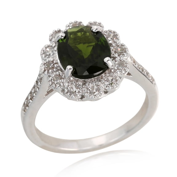 Sterling Silver 925 Chrome Diopside, White Natural Zircon Ring