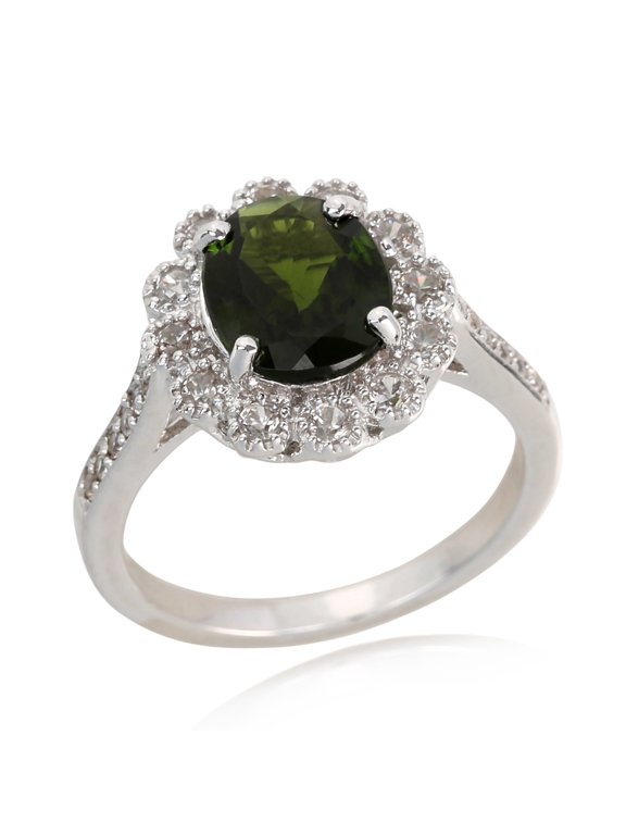Sterling Silver 925 Chrome Diopside, White Natural Zircon Ring