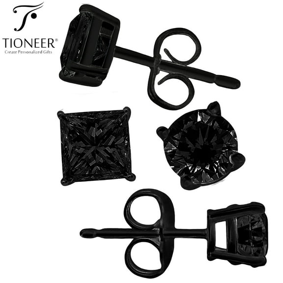 Sterling Silver 925 Dark Brilliant Round / Square Cut Cubic Zirconia Black Ear Stud Men Women Earrings