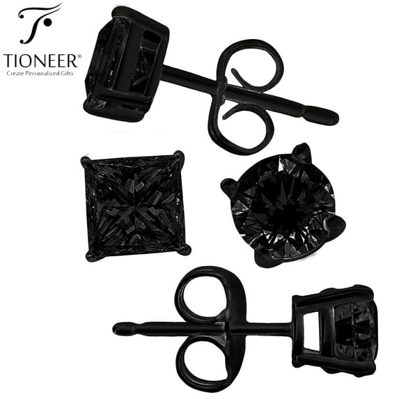 Sterling Silver 925 Dark Brilliant Round / Square Cut Cubic Zirconia Black Ear Stud Men Women Earrings