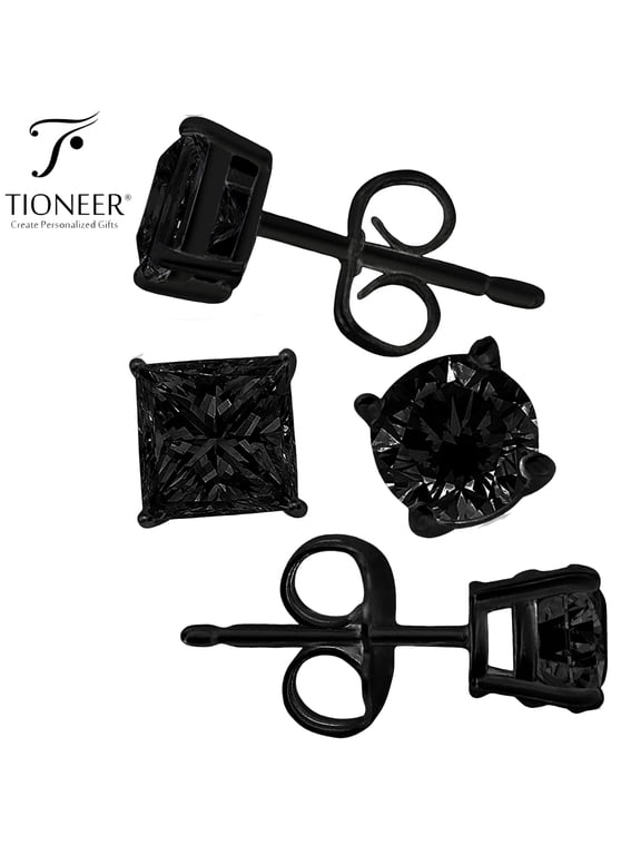 Sterling Silver 925 Dark Brilliant Round / Square Cut Cubic Zirconia Black Ear Stud Men Women Earrings