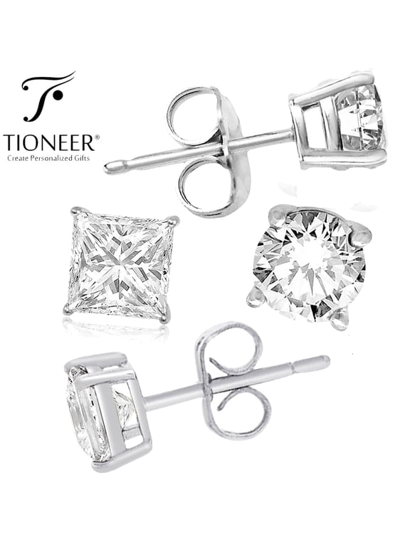 Sterling Silver 925 Dark Brilliant Round / Square Cut Cubic Zirconia Black Ear Stud Men Women Earrings