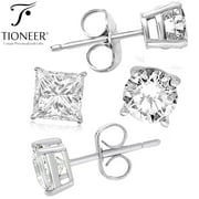 TIONEER Sterling Silver 925 Dark Brilliant Round / Square Cut Cubic Zirconia Black Ear Stud Men Women Earrings