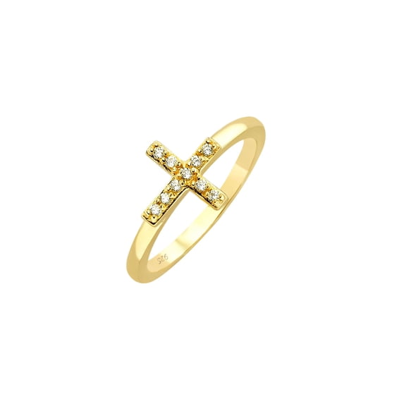 Sterling Silver 925 Gold Plated Clear CZ Jesus Christian Cross Ring White Jewelry Female Size 9