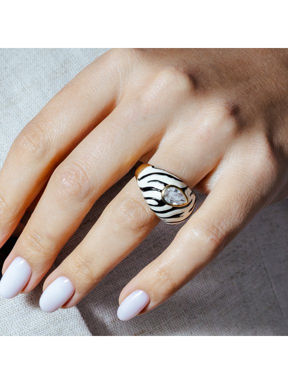 Sterling Silver 925 Gold Plated Enamel Pear Zebra Stripe Dome Ring White CZ Female Size 6
