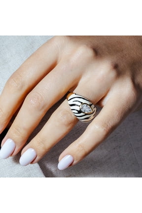 Sterling Silver 925 Gold Plated Enamel Pear Zebra Stripe Dome Ring White CZ Female Size 9