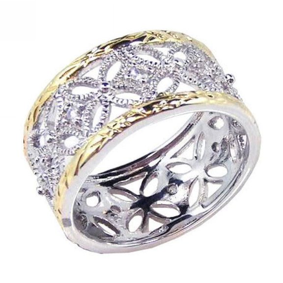 Sterling Silver 925 Gold Plated Flower Filigree Eternity Ring White CZ Jewelry Female Size 5