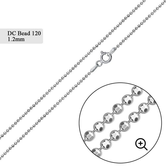 Sterling Silver 925 High Polished Diamond-Cut Ball Bead 120 Chain 1.2mm Italy 16" Jewelry Female