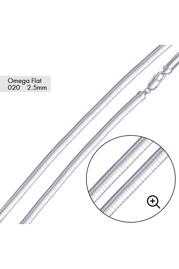 Sterling Silver 925 High Polished Flat Omega 020 Chain 2.5mm Made in Italy 16" Jewelry Female Unisex