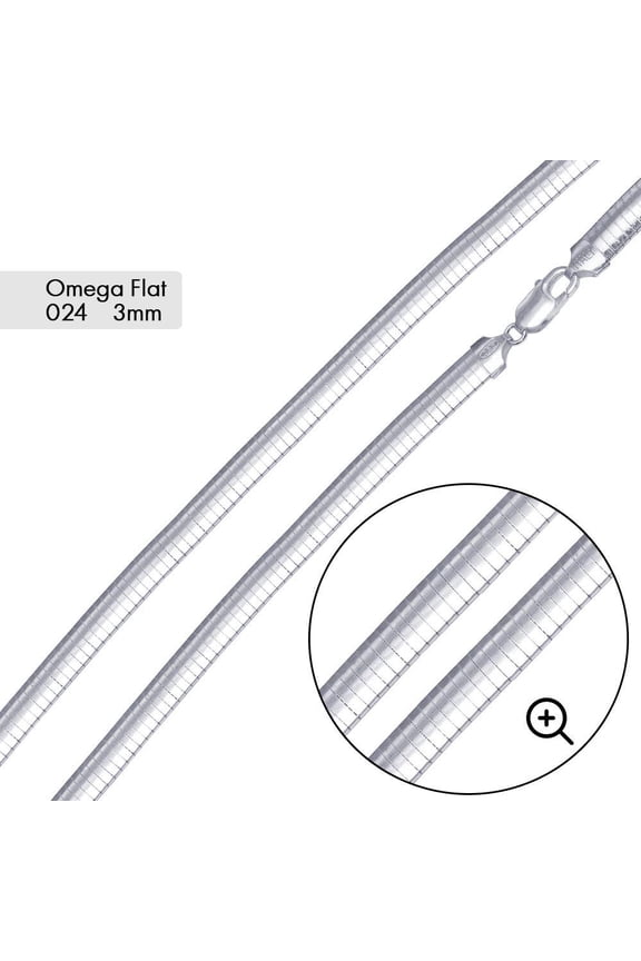 Sterling Silver 925 High Polished Flat Omega 024 Chain 3.0mm Made in Italy 18" Jewelry Female Unisex
