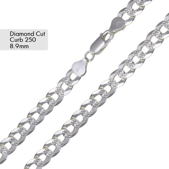 Sterling Silver 925 High Polished Pave Curb 250 Diamond-Cut Chain 8.9mm Italy 18" Jewelry Female