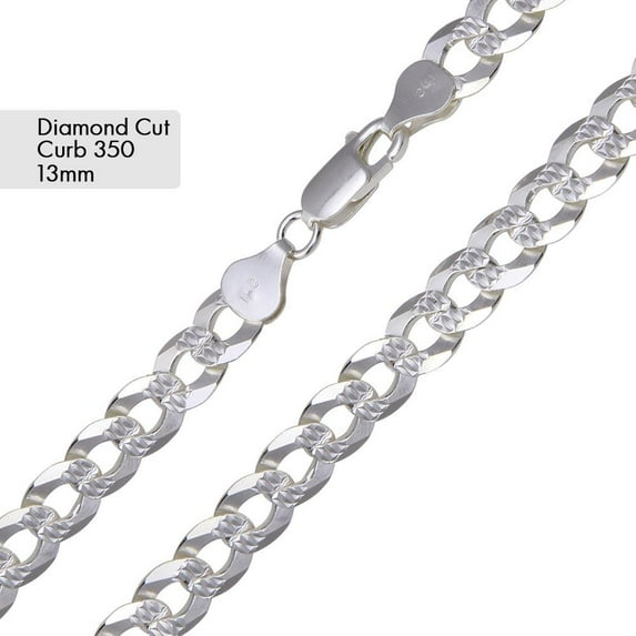 Sterling Silver 925 High Polished Pave Curb 350 Diamond-Cut Chain 13mm Italy 20" Jewelry Female