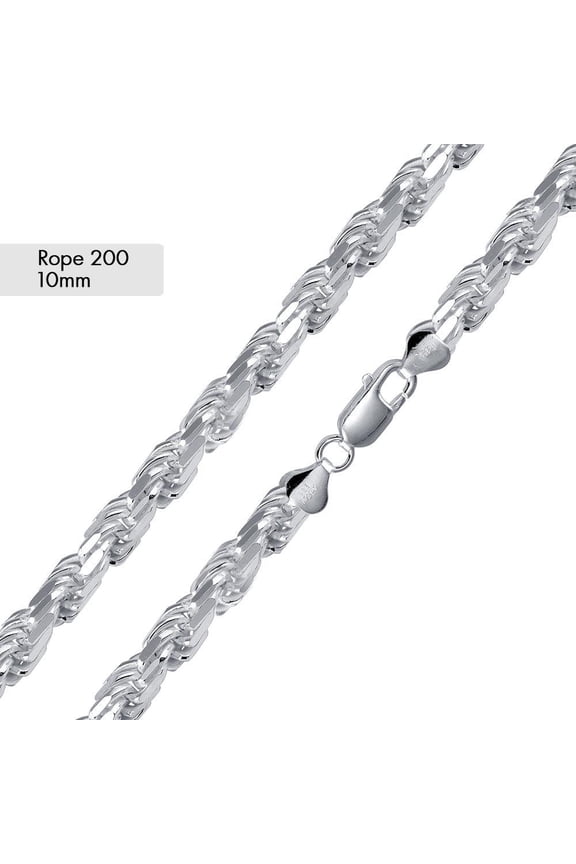Sterling Silver 925 High Polished Rope Diamond-Cut 200 Chain 10mm Italy 24" Jewelry Female Unisex