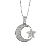 Sterling Silver .925 Muslim / Islam Crescent Moon + Star Pendant w. Cuban Chain