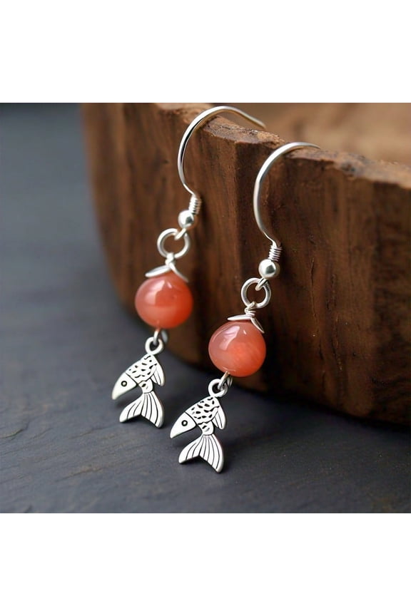 Sterling Silver 925 Natural Coral Beaded Birthstone Fish Orange Gemstone Drop Earrings For Women