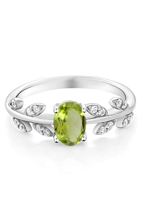 Sterling Silver 925 Natural Peridot Gemstone Tree Leaf August Birthstone Ring For Women