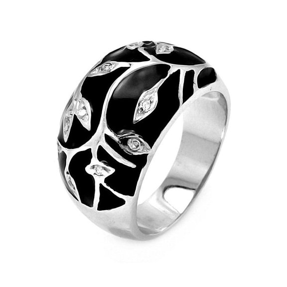 Sterling Silver 925 Rhodium Plated Black Enamel Clear CZ Leaf Ring White Jewelry Female Size 6