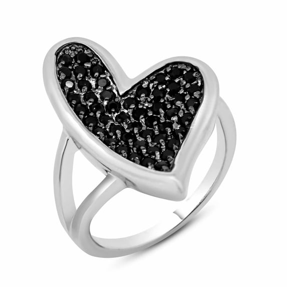 Sterling Silver 925 Rhodium Plated Black Pave Heart Ring Band Cubic Zirconia Jewelry Female Size 5