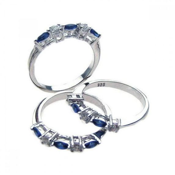 Sterling Silver 925 Rhodium Plated Blue Clear Cubic Zirconia Thin Fun Ring Set Jewelry Female Size 9