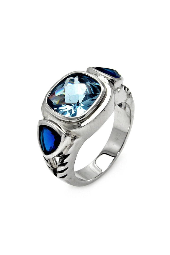 Sterling Silver 925 Rhodium Plated Blue Cushion Triangular Ring Cubic Zirconia Jewelry Female Size 6