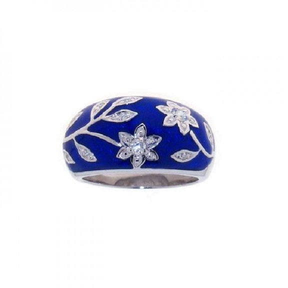 Sterling Silver 925 Rhodium Plated Blue Enamel Flower Floral Ring White Cubic Zirconia Female Size 9