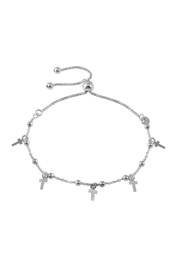 Sterling Silver 925 Rhodium Plated Box Chain Bead and Cross Lariat Bracelet - ECB00128RH
