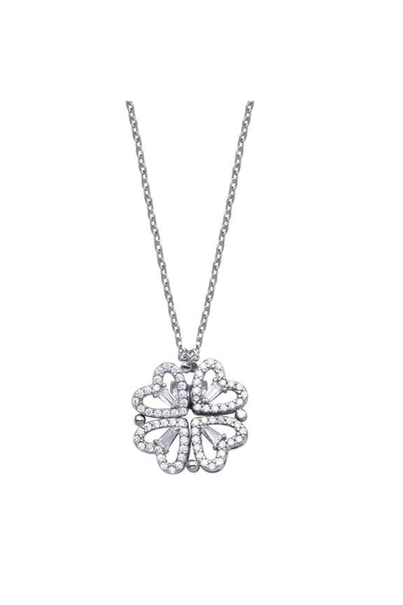 Sterling Silver .925 Rhodium Plated CZ Open Magnetic Flower Heart Chain Necklace