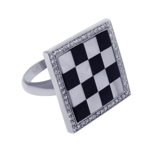 Sterling Silver 925 Rhodium Plated Clear CZ Black White Checker Ring Jewelry Female Size 8