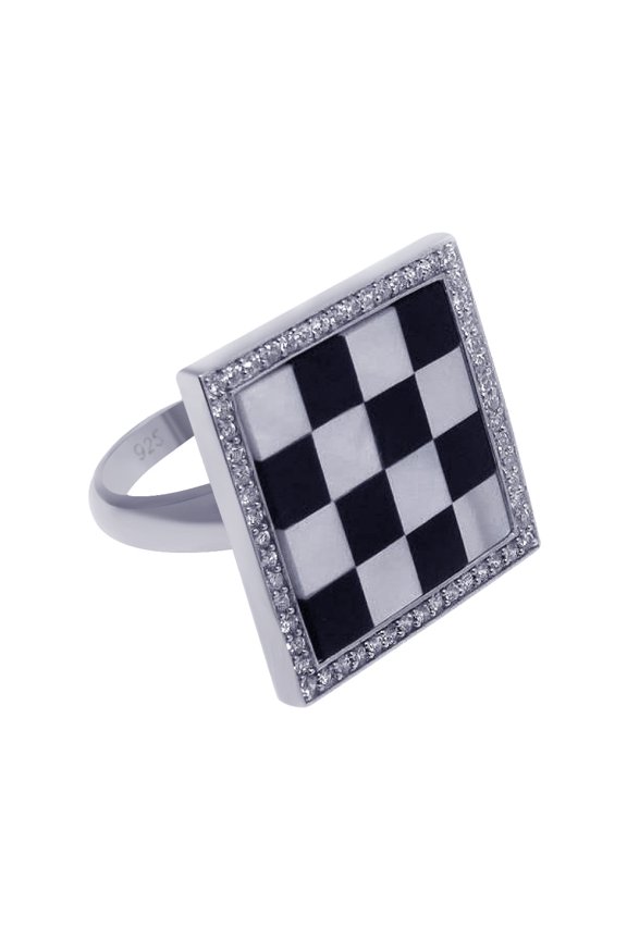 Sterling Silver 925 Rhodium Plated Clear CZ Black White Checker Ring Jewelry Female Size 8