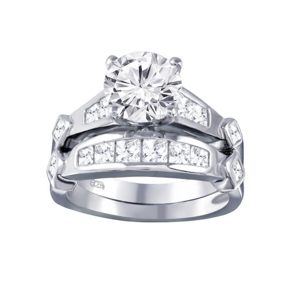 Sterling Silver 925 Rhodium Plated Clear Cubic Zirconia Bridal Wedding Ring Set White Female Size 10